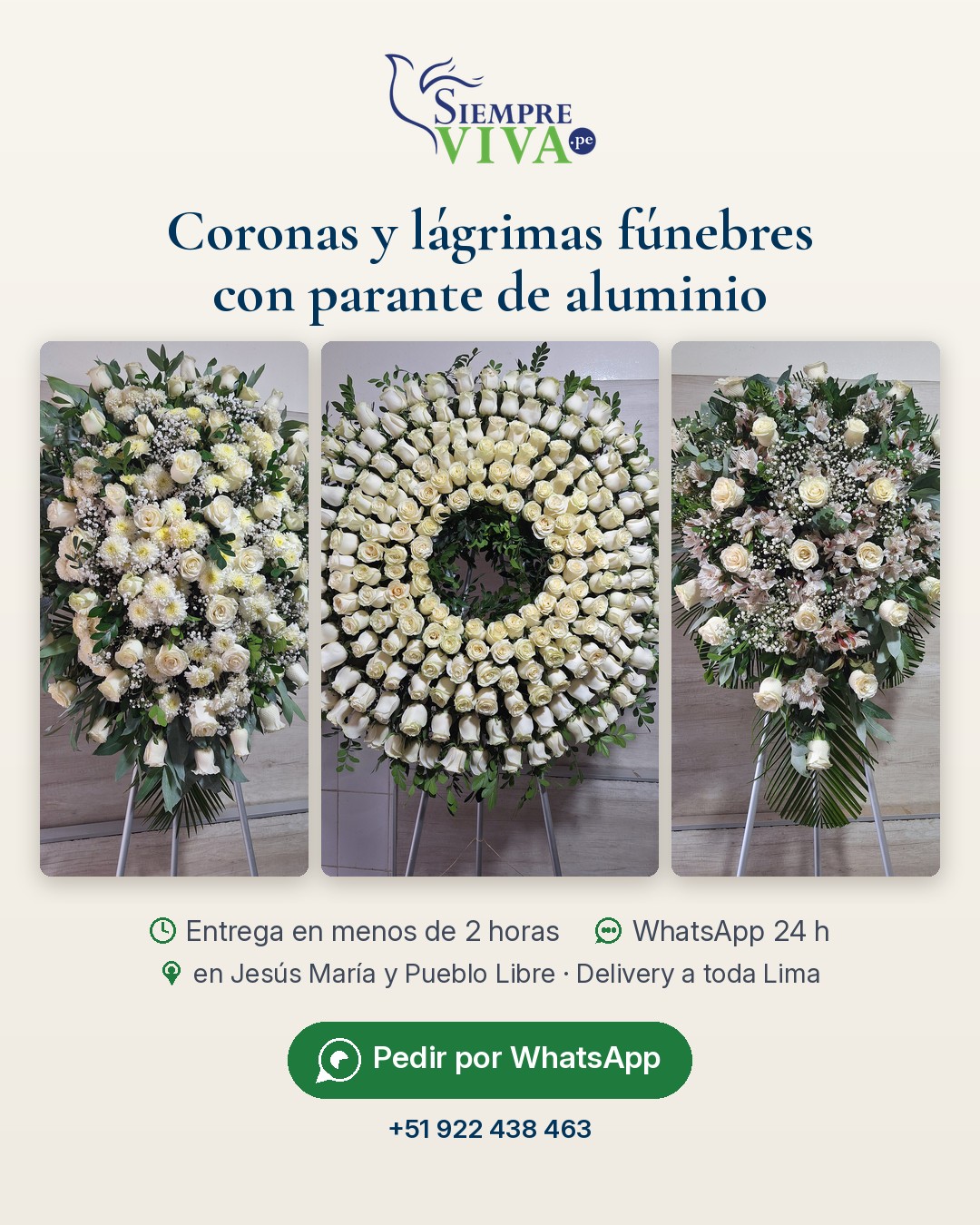 Coronas y lágrimas fúnebres con parante de aluminio – Siempre Viva Florería en Jesús María y Pueblo Libre, delivery a toda Lima